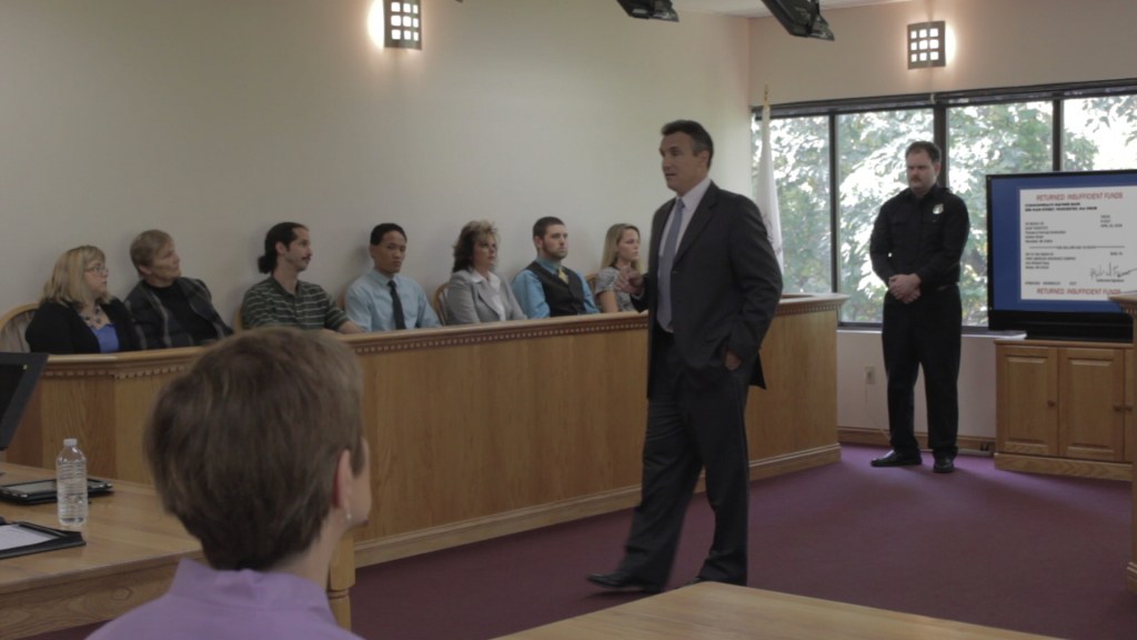 During the trial, special effects will appear on monitors in the courtroom.