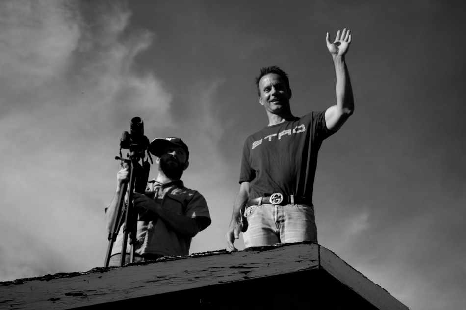 Director of Photography Jeremy Blaiklock and Director Mark Lund.  We are on top of a barn filming the horse scenes in Justice.